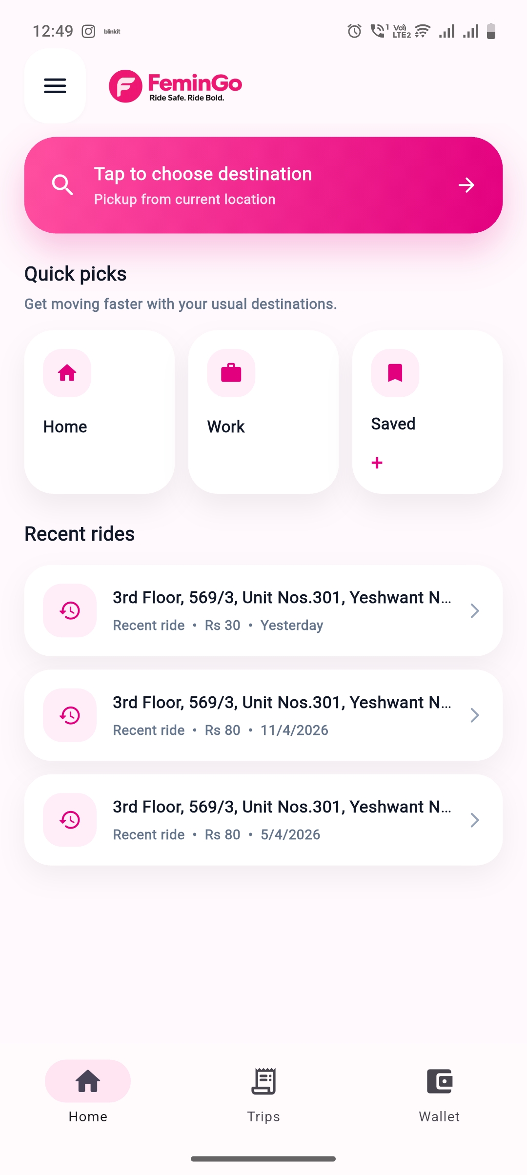 FeminGo homepage app screen